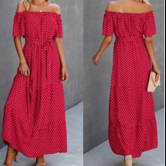 Boho polka dot off shoulder belted maxi dress - Picture 7 of 16